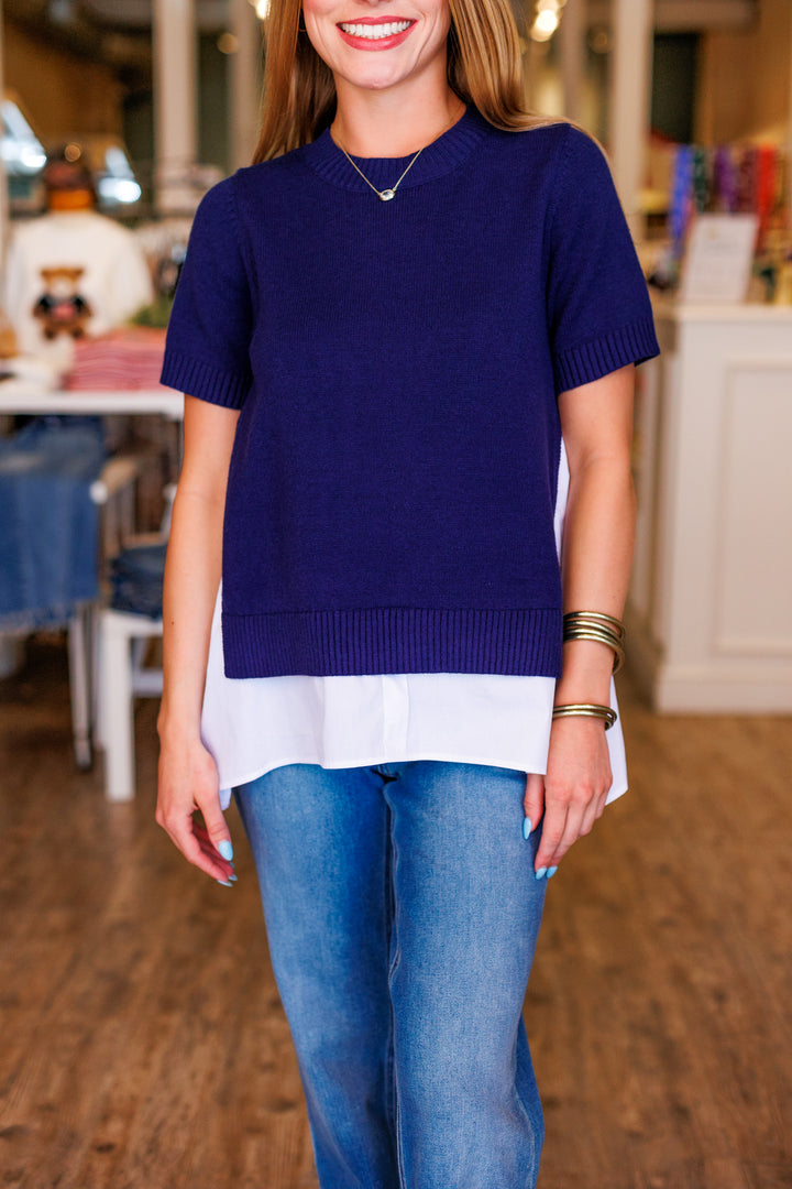 LAYERED NAVY SHORT SLEEVE SWEATER