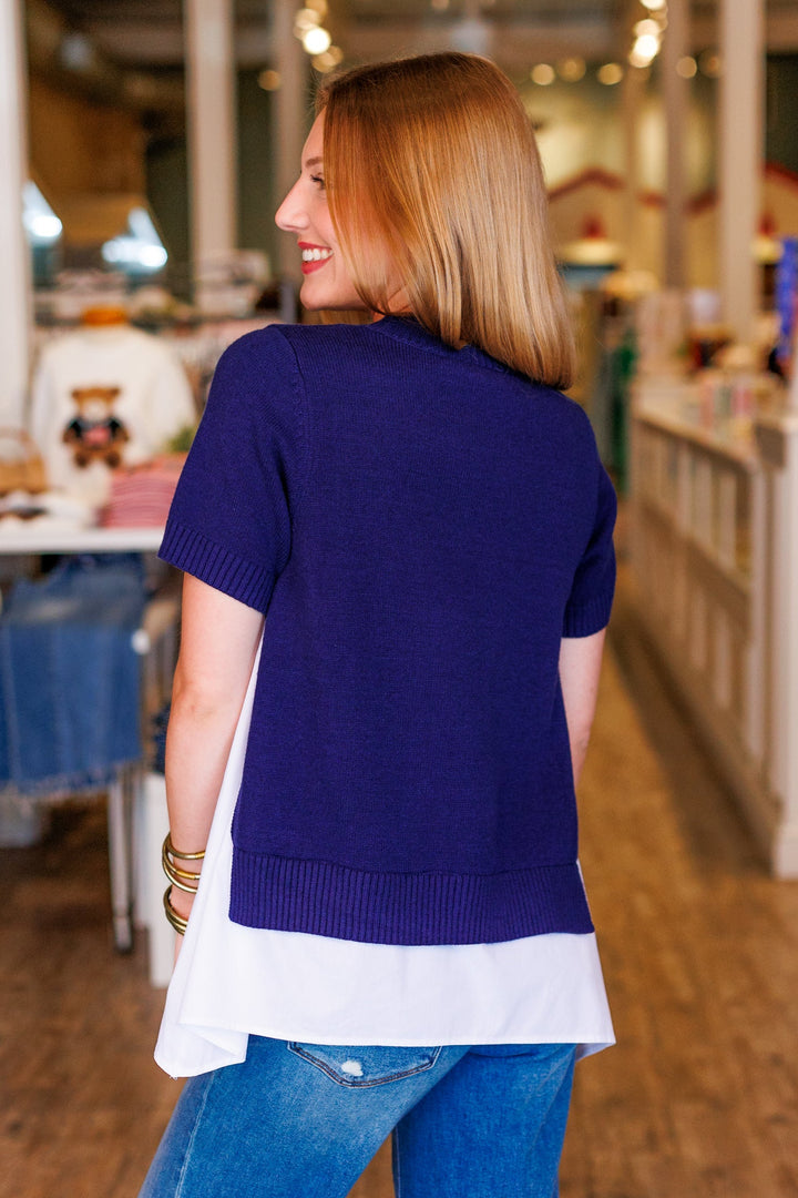 LAYERED NAVY SHORT SLEEVE SWEATER