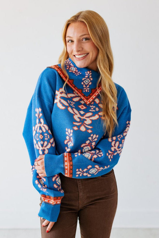 BLUE & ORANGE BANDANA PRINT SWEATER