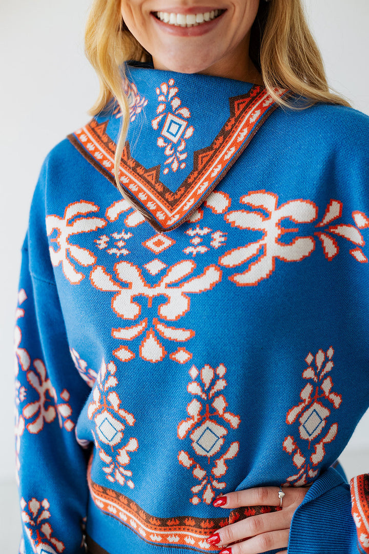 BLUE & ORANGE BANDANA PRINT SWEATER