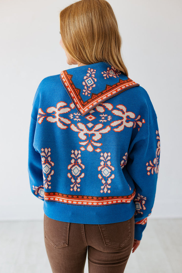 BLUE & ORANGE BANDANA PRINT SWEATER