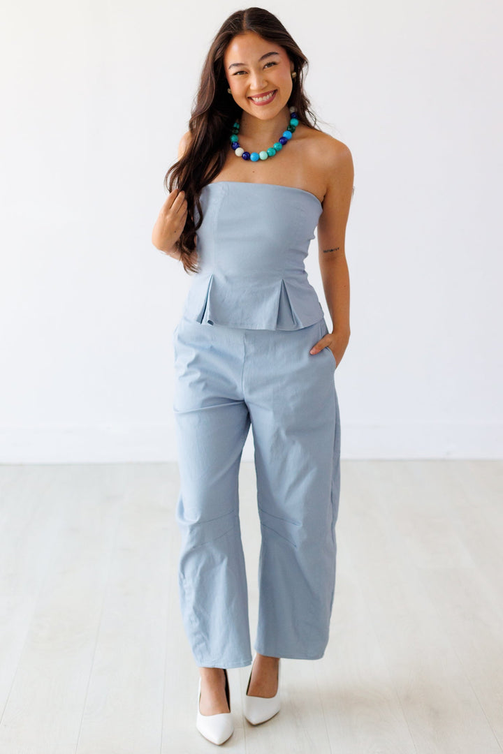 LIGHT BLUE PEPLUM BARREL JUMPSUIT