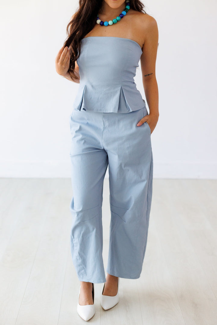 LIGHT BLUE PEPLUM BARREL JUMPSUIT