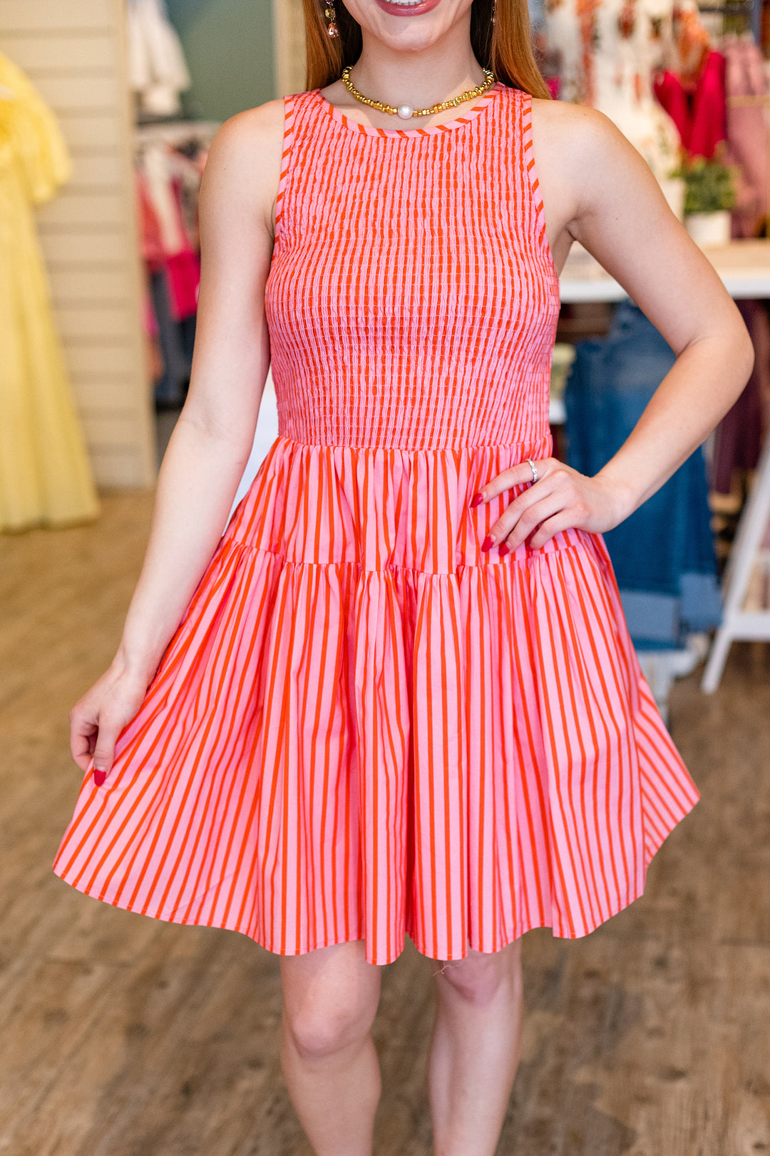 PRISCILLA PINK & ORANGE STRIPE MINI DRESS