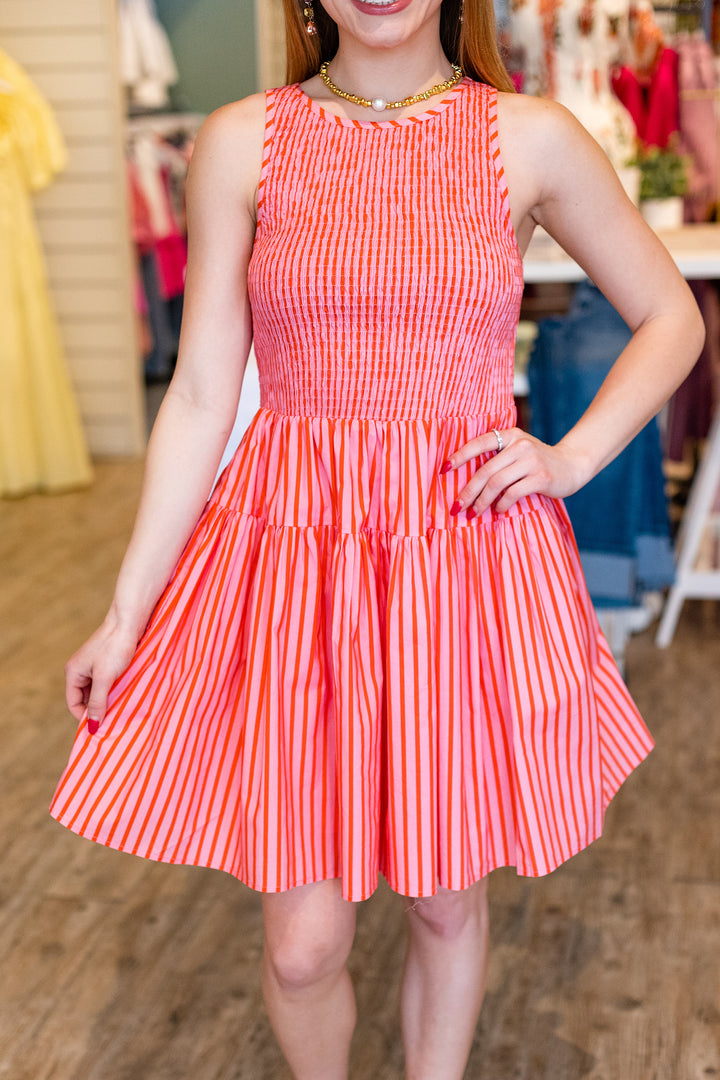 PRISCILLA PINK & ORANGE STRIPE MINI DRESS