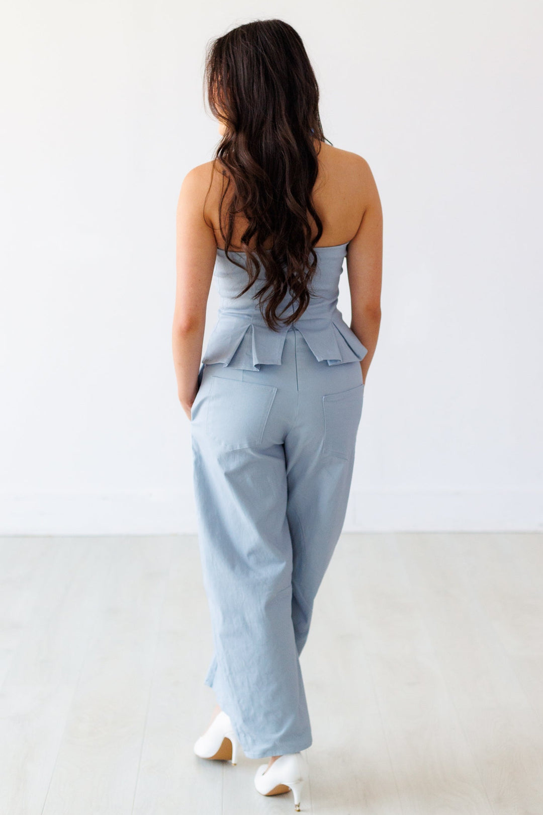 LIGHT BLUE PEPLUM BARREL JUMPSUIT