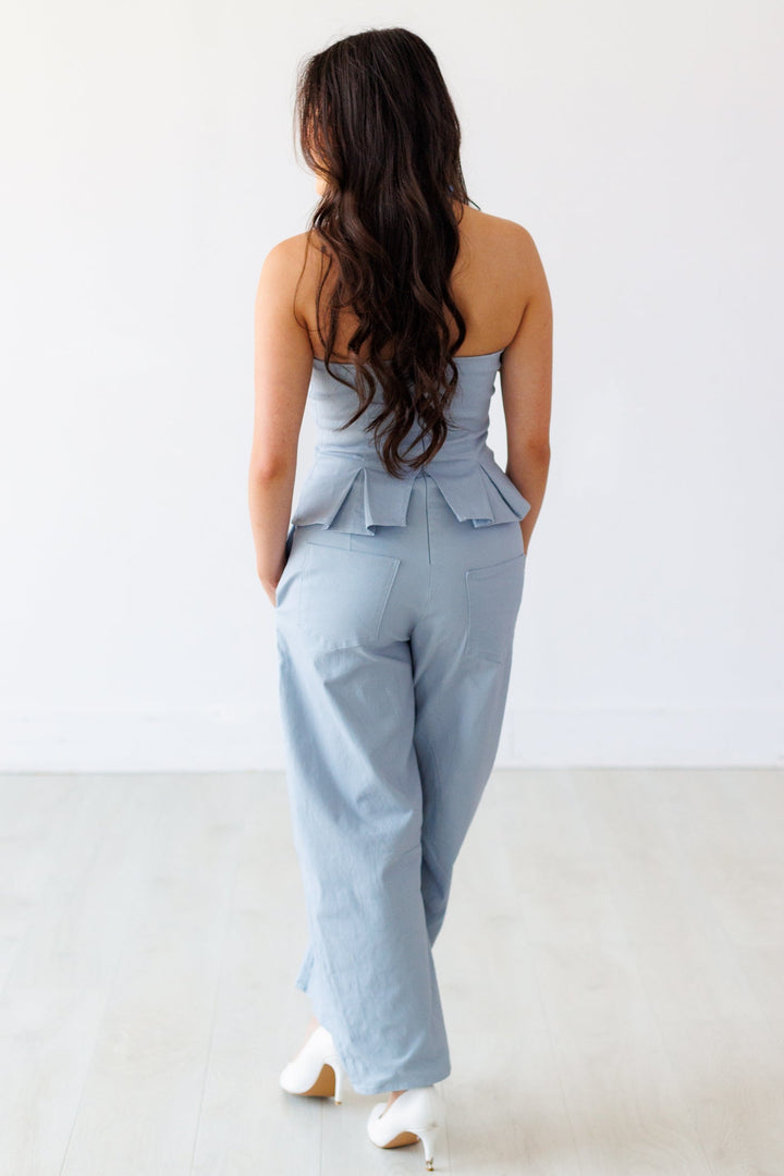 LIGHT BLUE PEPLUM BARREL JUMPSUIT