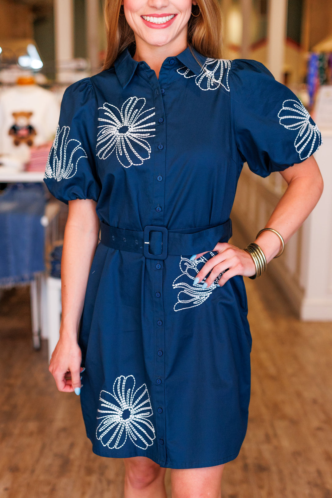 NAVY EMBROIDERED BELTED MINI DRESS