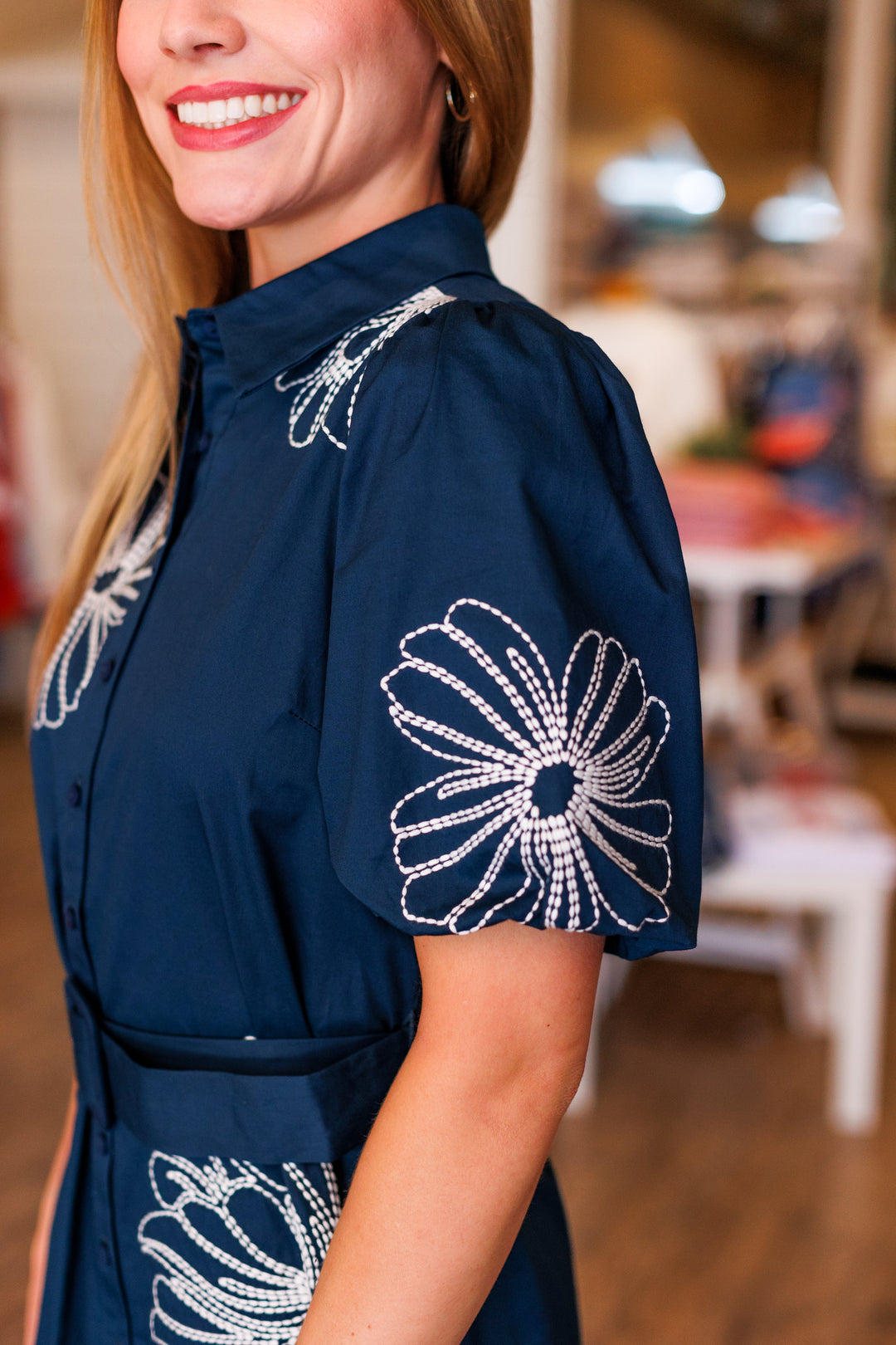 NAVY EMBROIDERED BELTED MINI DRESS