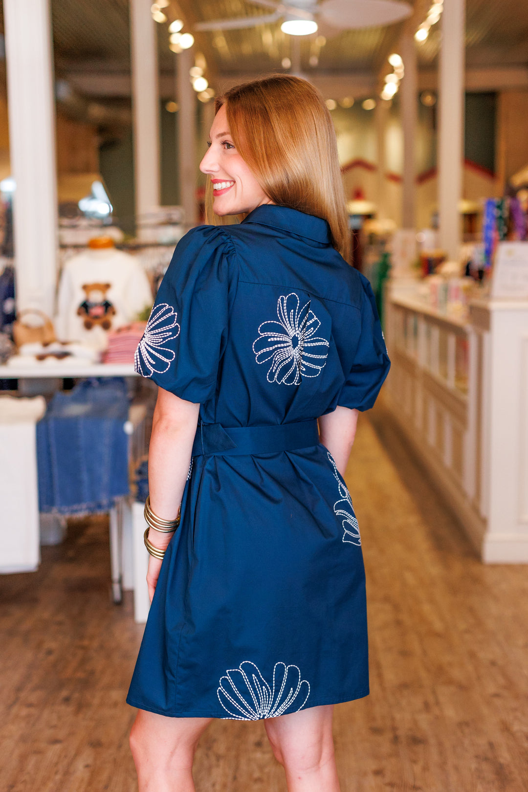 NAVY EMBROIDERED BELTED MINI DRESS