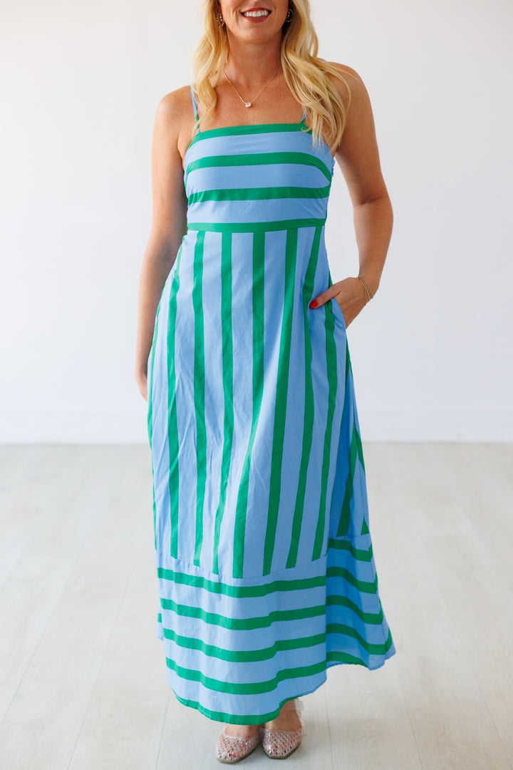 OCEAN PALM STRIPE MAXI DRESS