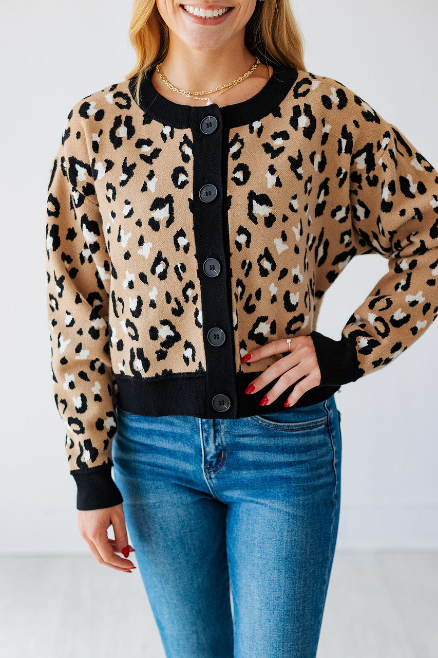 LEOPARD CONTRAST KNIT CARDIGAN