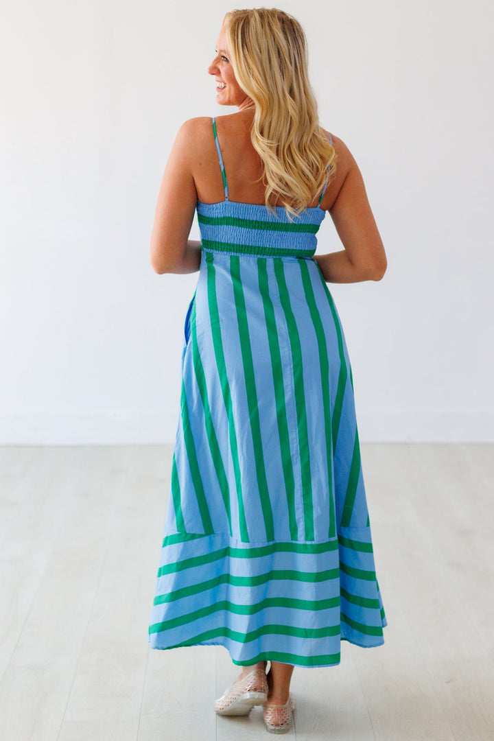 OCEAN PALM STRIPE MAXI DRESS