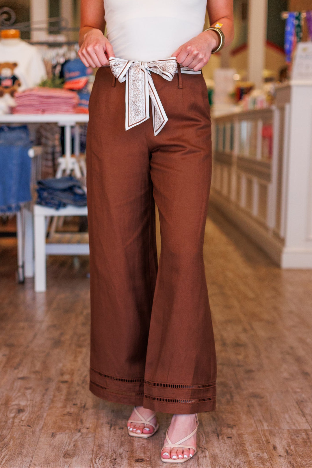 SCARF BELTED LINEN PANT- BROWN