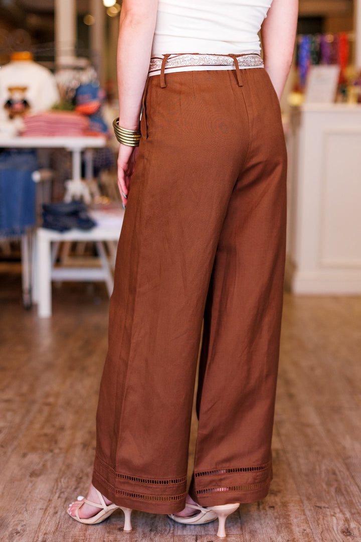 SCARF BELTED LINEN PANT- BROWN
