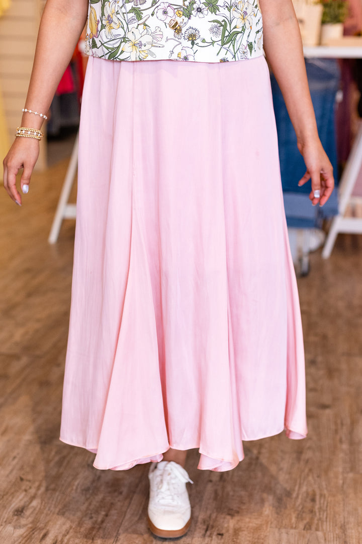 BABY PINK FLOWY MIDI SKIRT