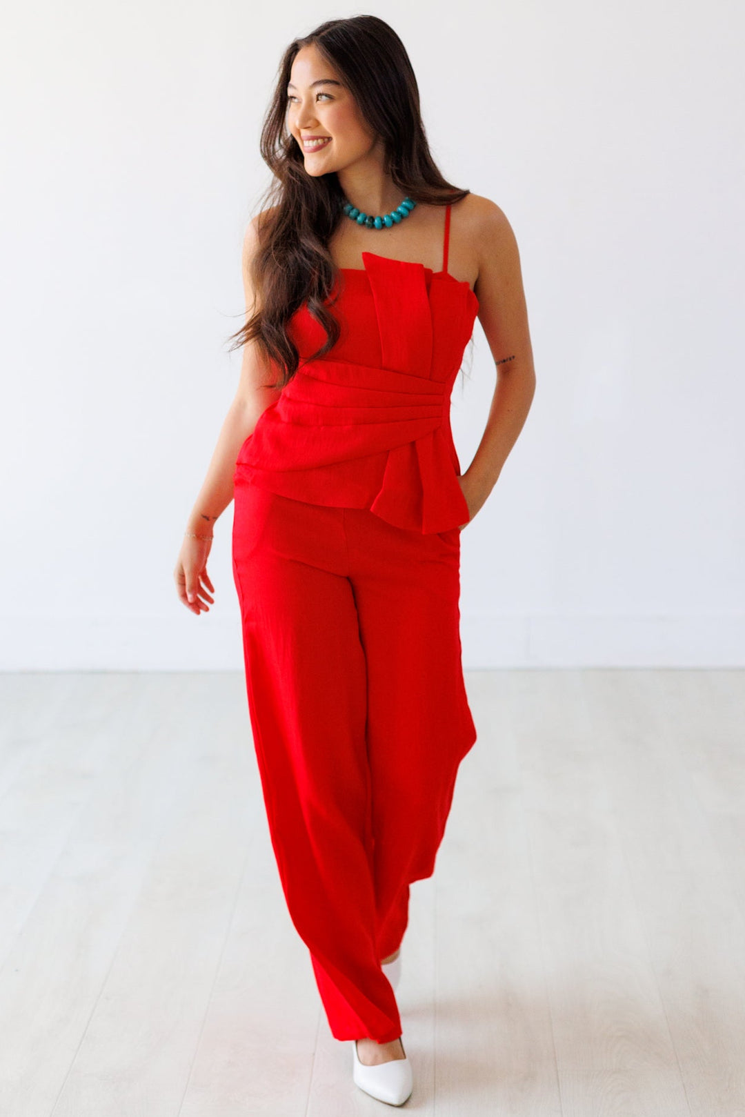 RED PLEATED BOW TOP