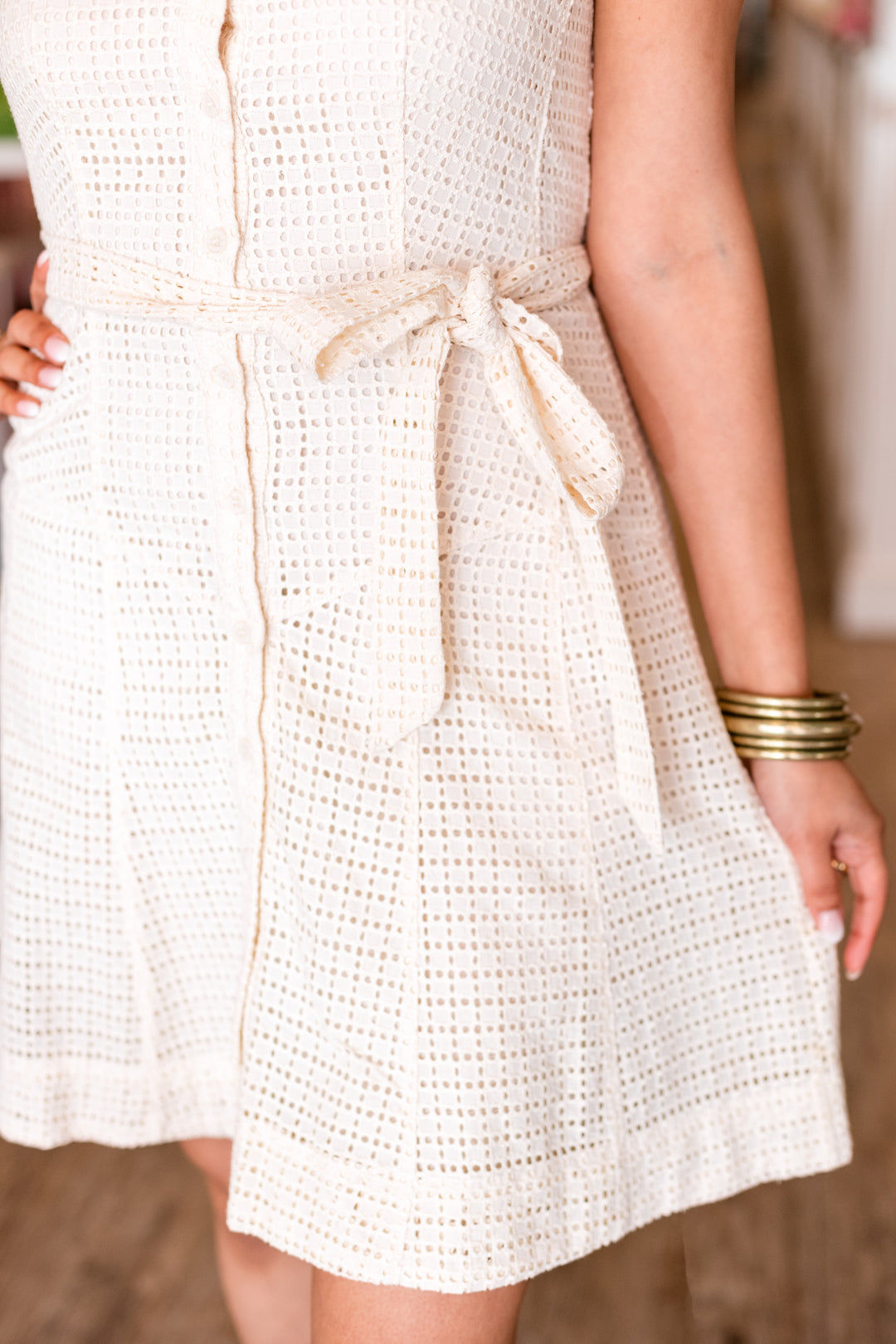 NATALIE CREAM SLEEVELESS EYELET MINI DRESS