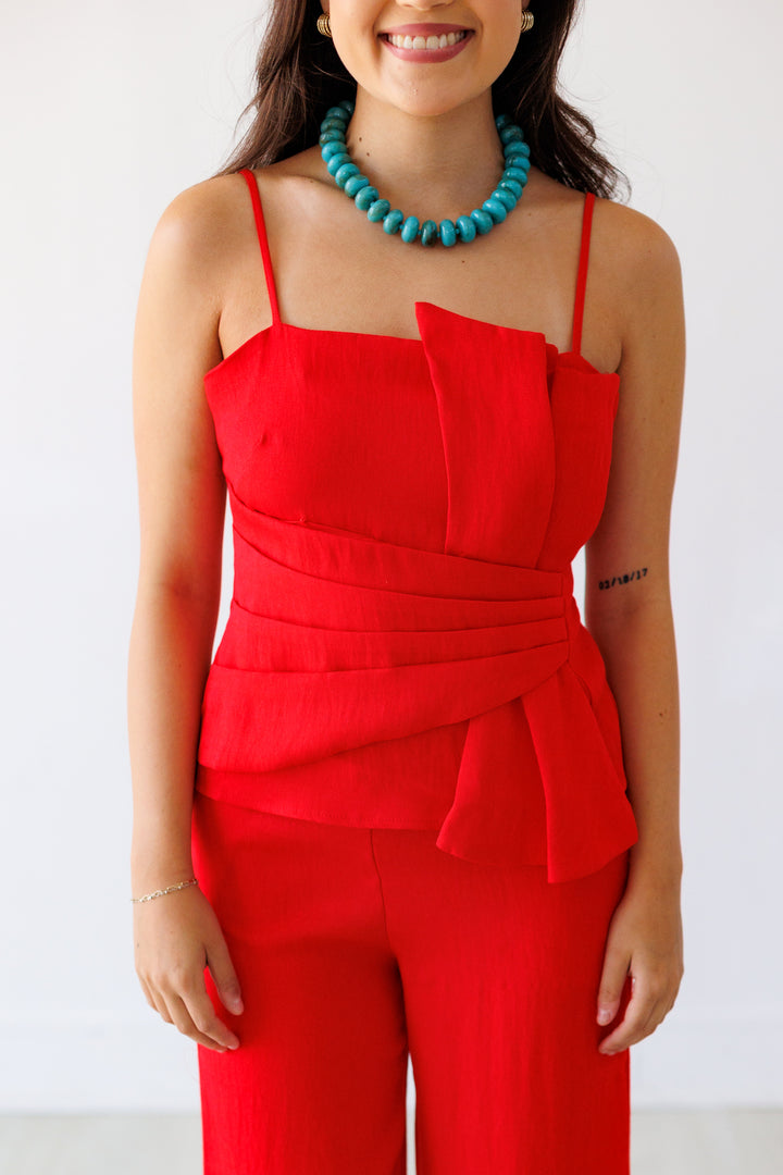 RED PLEATED BOW TOP