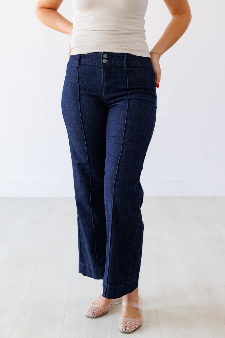 PINTUCK TROUSER WIDE LEG JEAN - DARK DENIM
