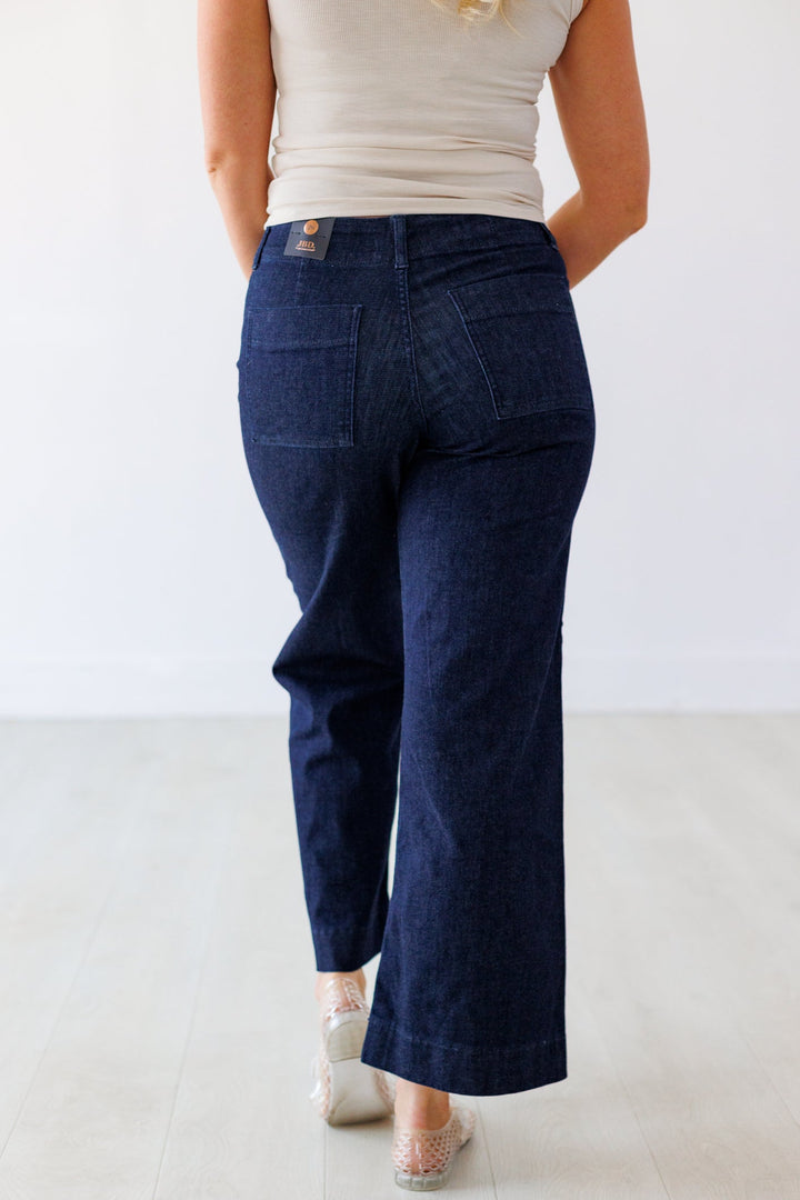 PINTUCK TROUSER WIDE LEG JEAN - DARK DENIM