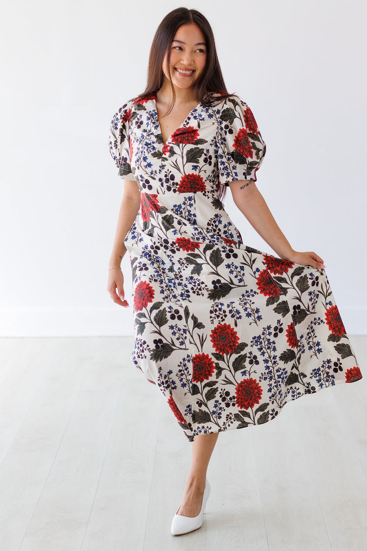ECRU FLORAL WHIMSY MIDI DRESS