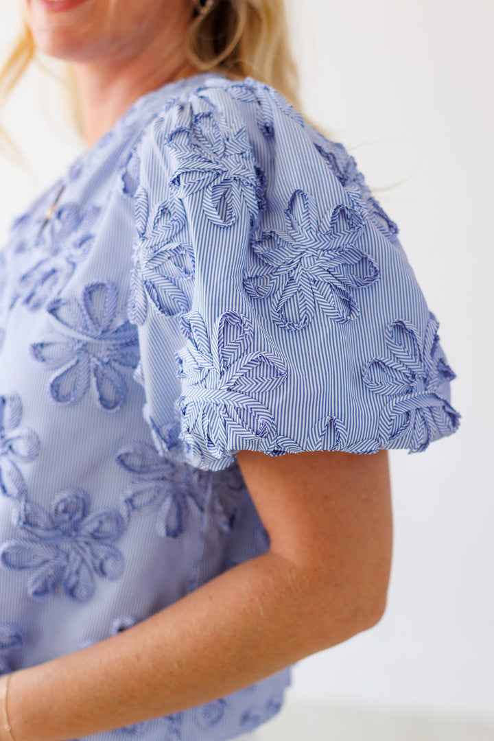 BLUE STRIPED FLORAL EMBROIDER TOP