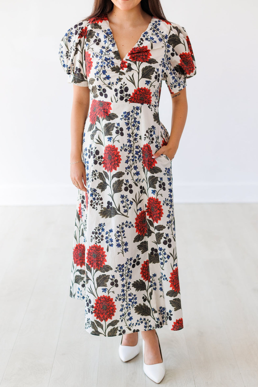 ECRU FLORAL WHIMSY MIDI DRESS