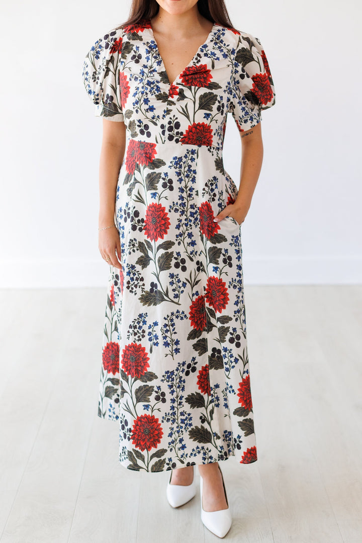 ECRU FLORAL WHIMSY MIDI DRESS