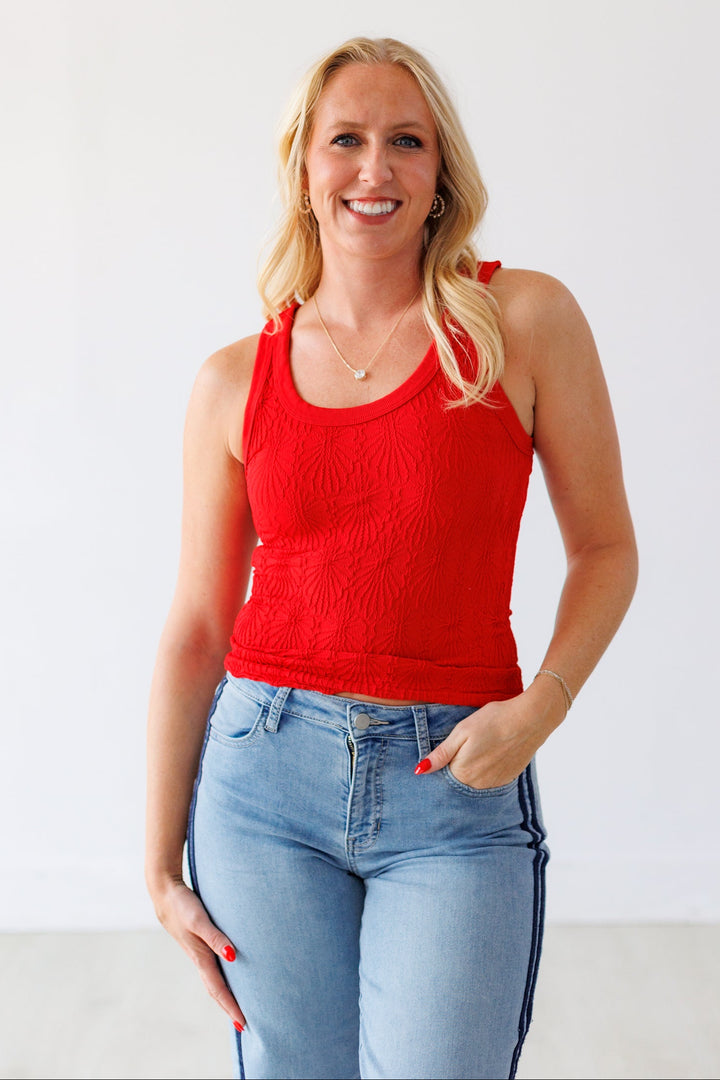 NIKIBIKI: REVERSIBLE LACE TEXTURED TANK-RED