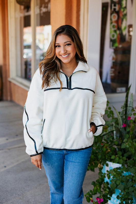 SNOW DAY LEATHER TRIM FLEECE PULLOVER