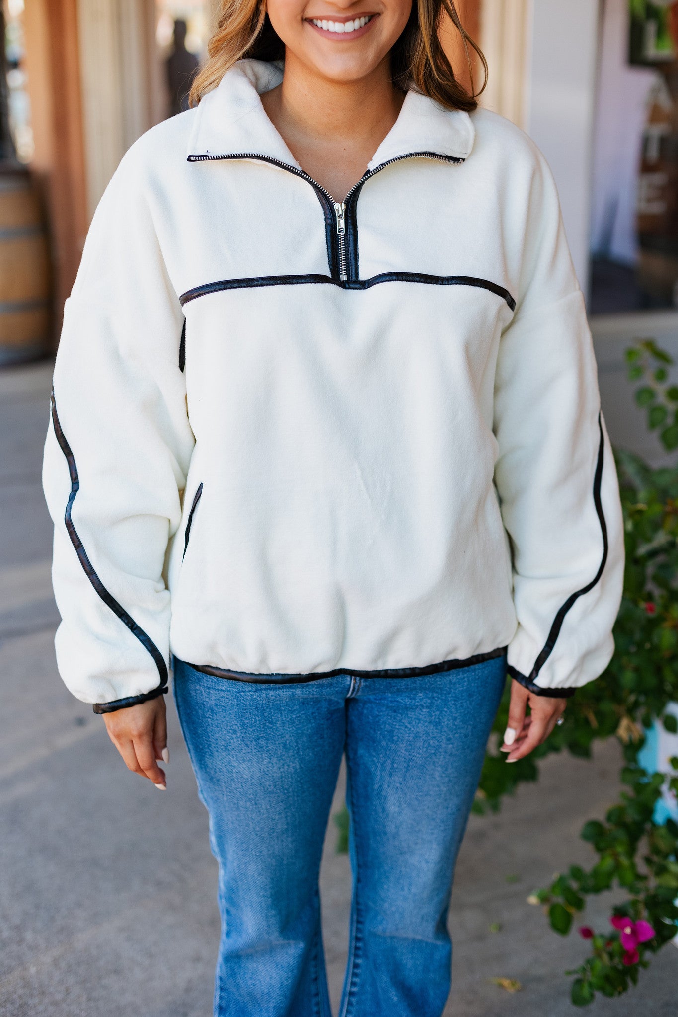 SNOW DAY LEATHER TRIM FLEECE PULLOVER