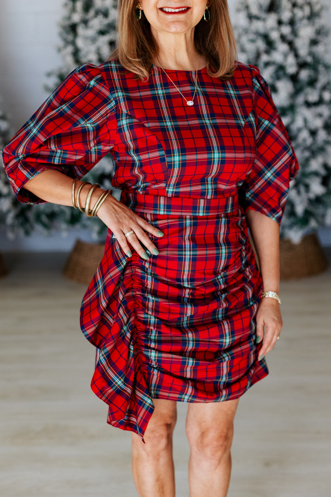 RED PLAID PUFF SLEEVE DRAPE DRESS