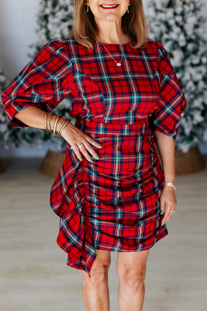 RED PLAID PUFF SLEEVE DRAPE DRESS