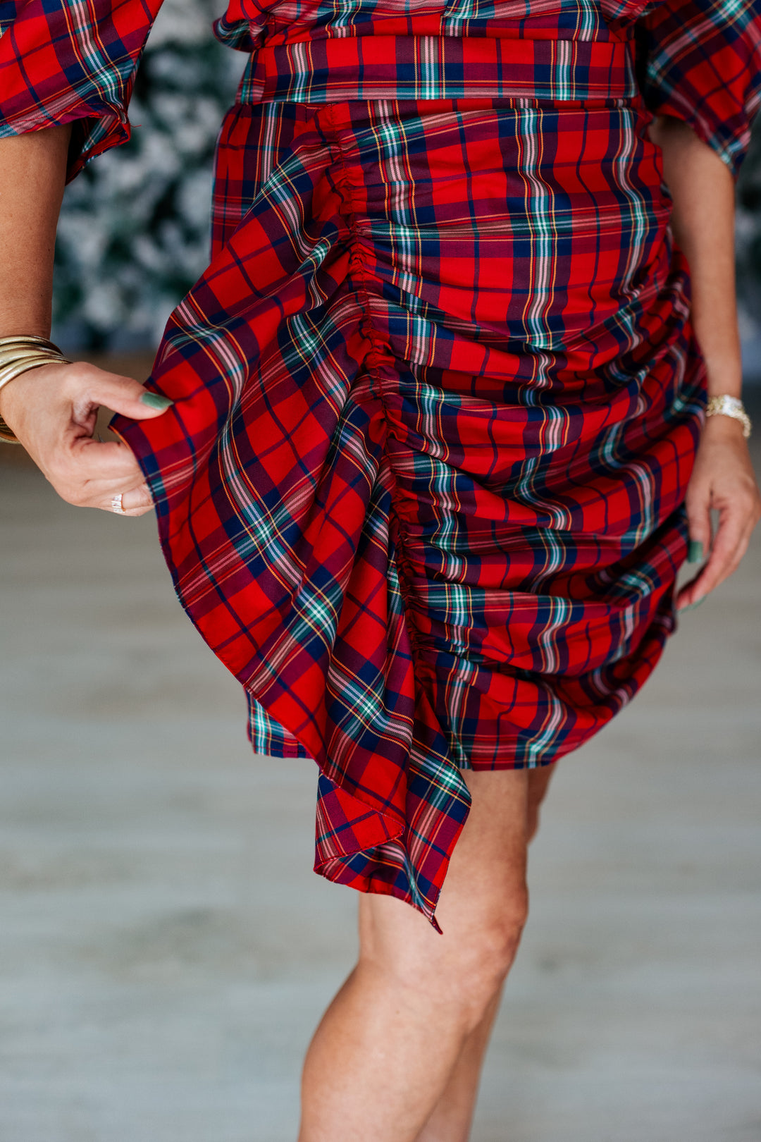 RED PLAID PUFF SLEEVE DRAPE DRESS