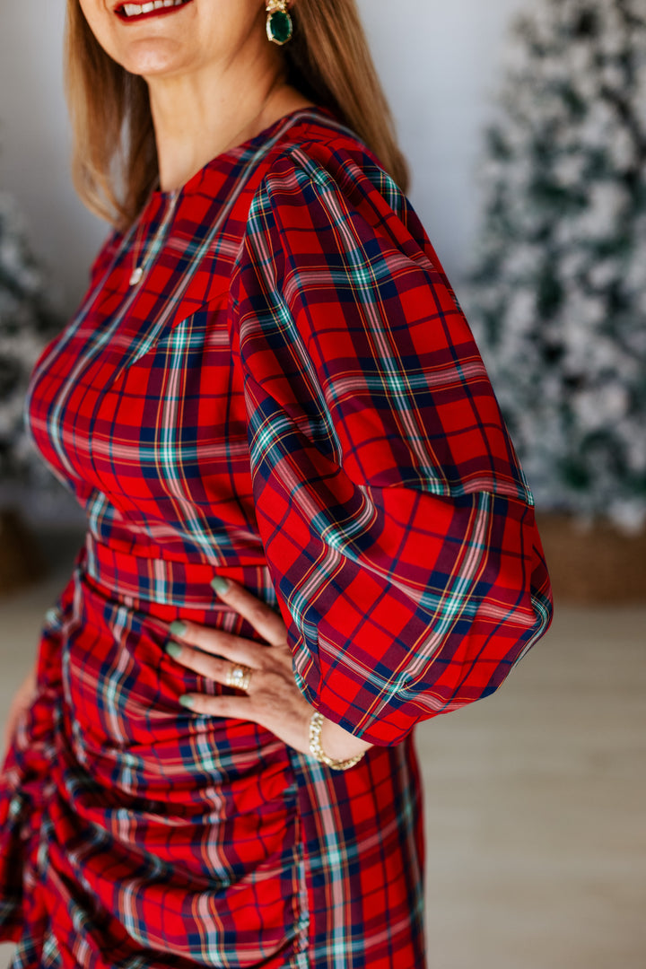 RED PLAID PUFF SLEEVE DRAPE DRESS