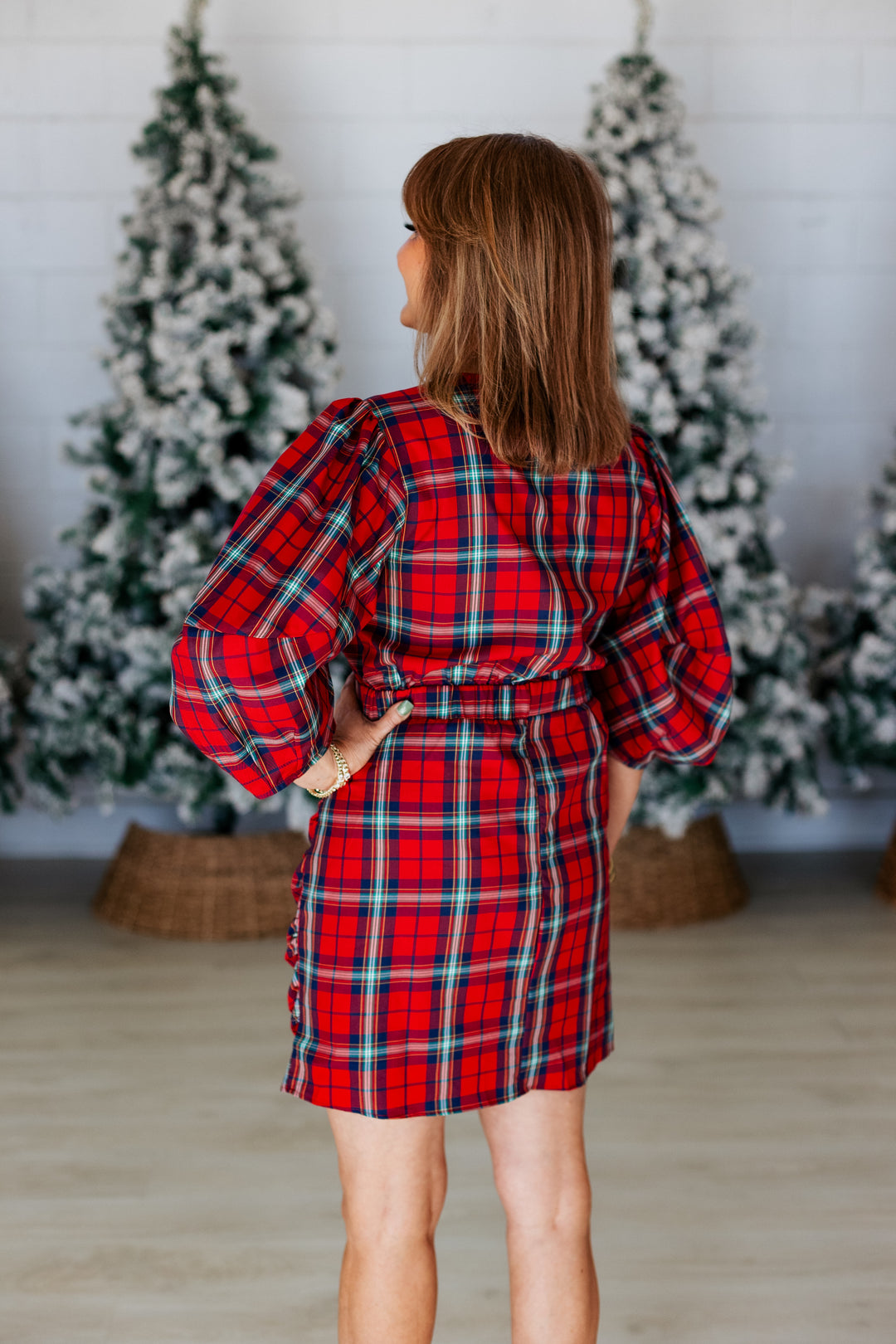 RED PLAID PUFF SLEEVE DRAPE DRESS