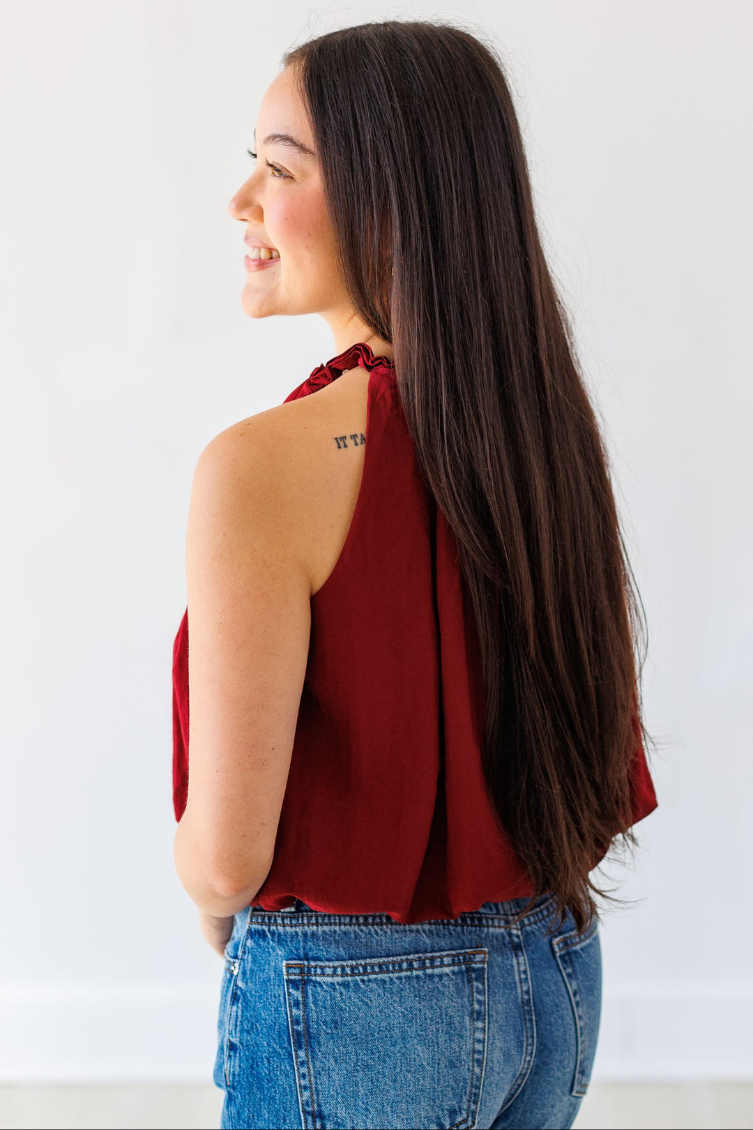 CRIMSON BUBBLE HEM TOP