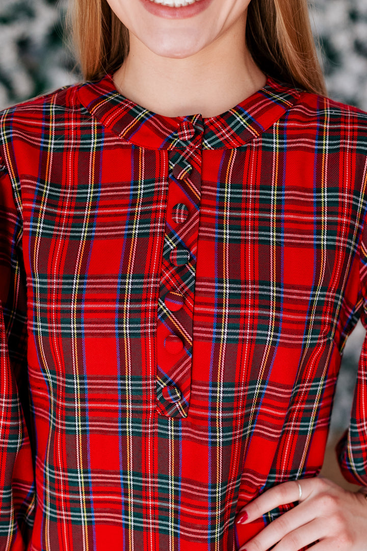 RED PLAID BUTTON UP MINI DRESS