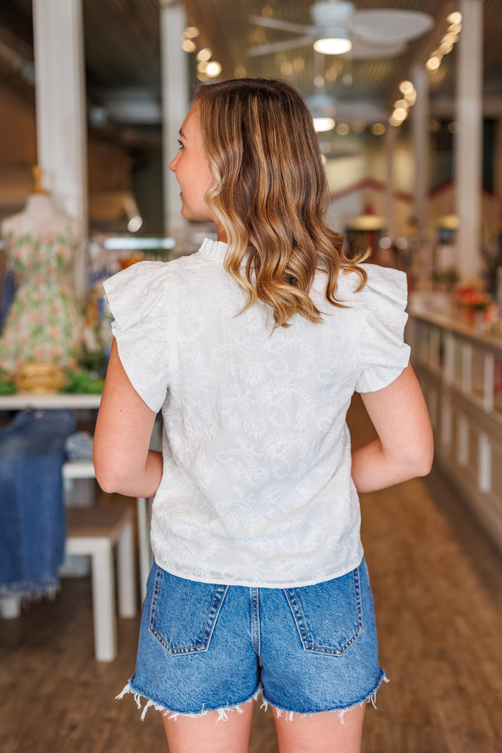 WHITE EMBROIDERED RUFFLE SLEEVE BLOUSE