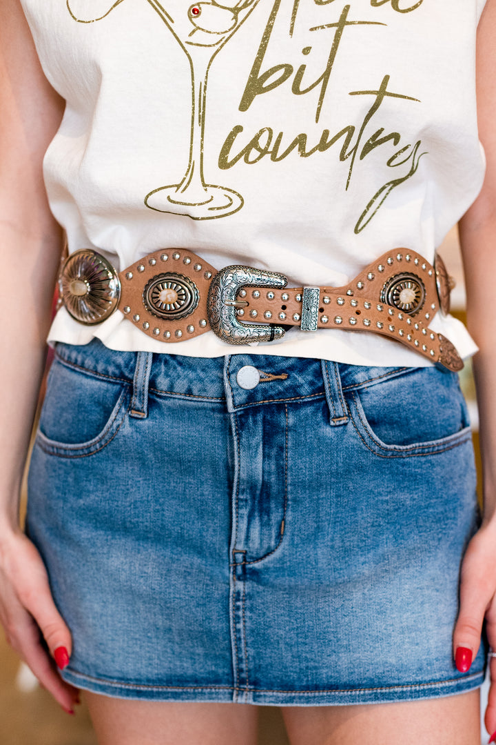 FESTIVAL CONCHO WESTERN LEATHER BELT: TAUPE