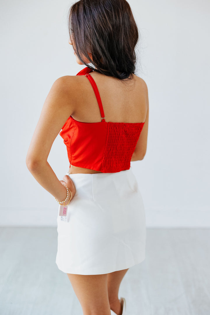 CHERRY RED FLOWER TWIST TOP
