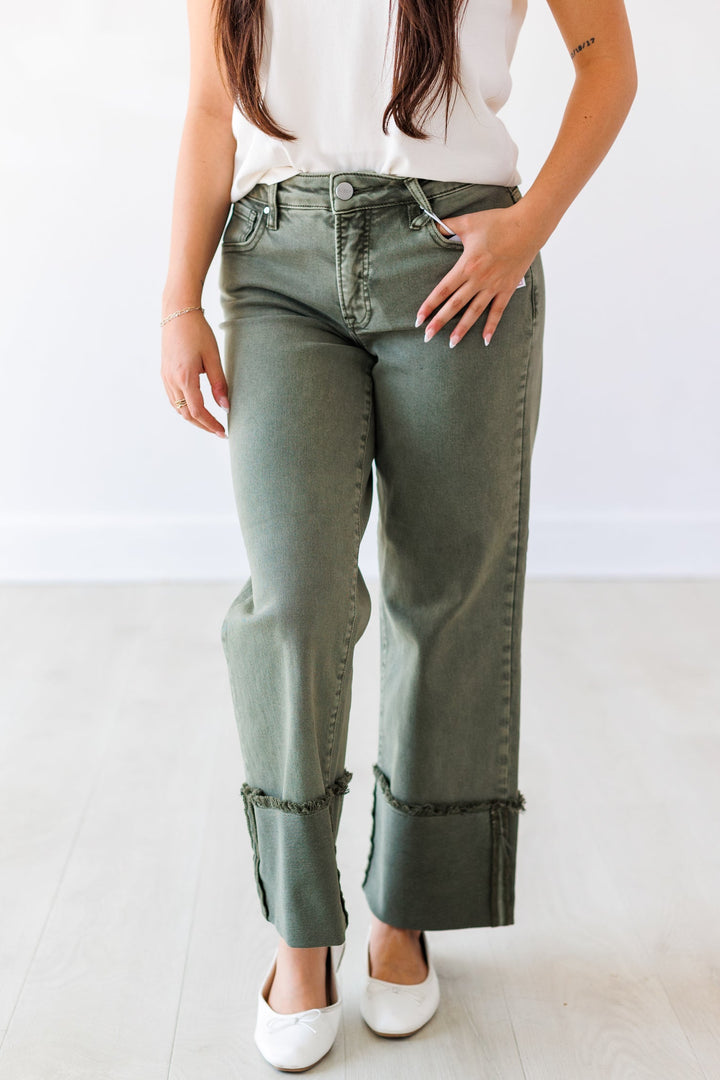 RISEN: WIDE CUFF CROP JEAN- BURNT OLIVE