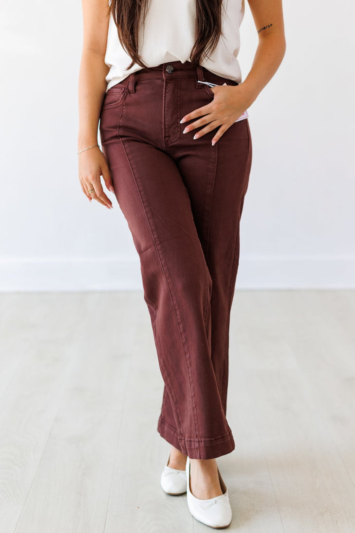 RISEN: HIGHRISE CROP WIDE LEG JEAN- CHOCO BROWN