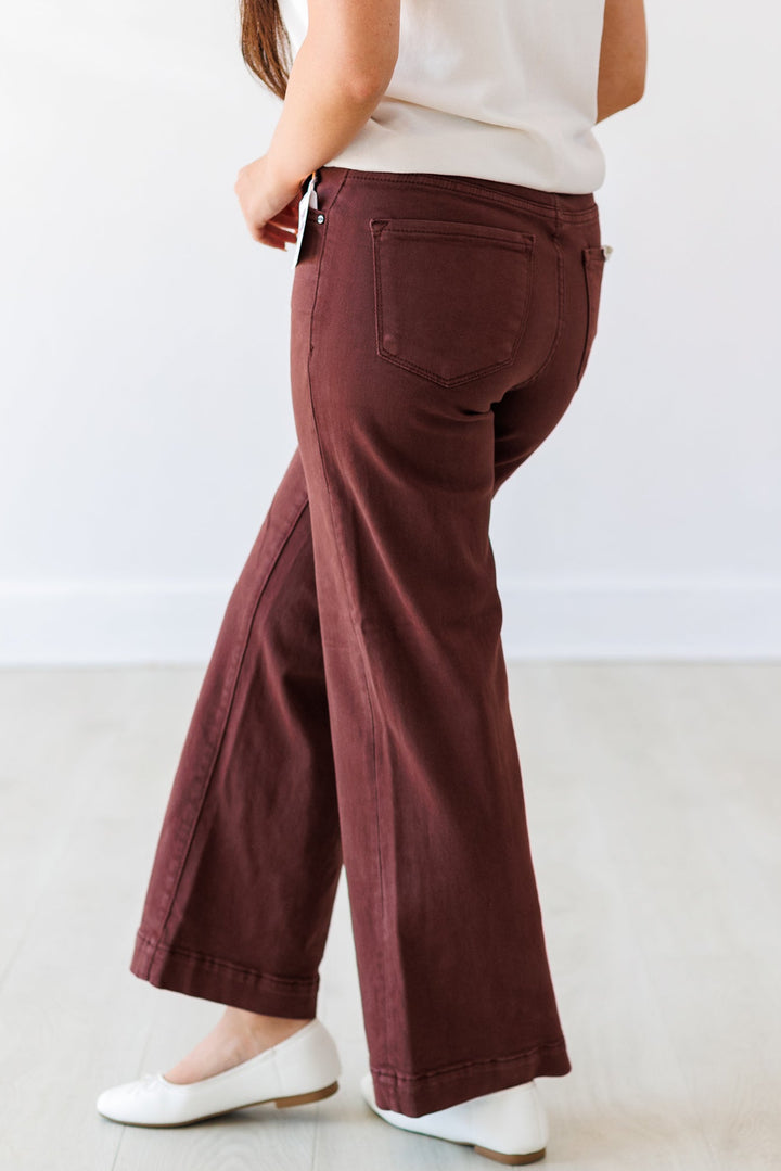 RISEN: HIGHRISE CROP WIDE LEG JEAN- CHOCO BROWN
