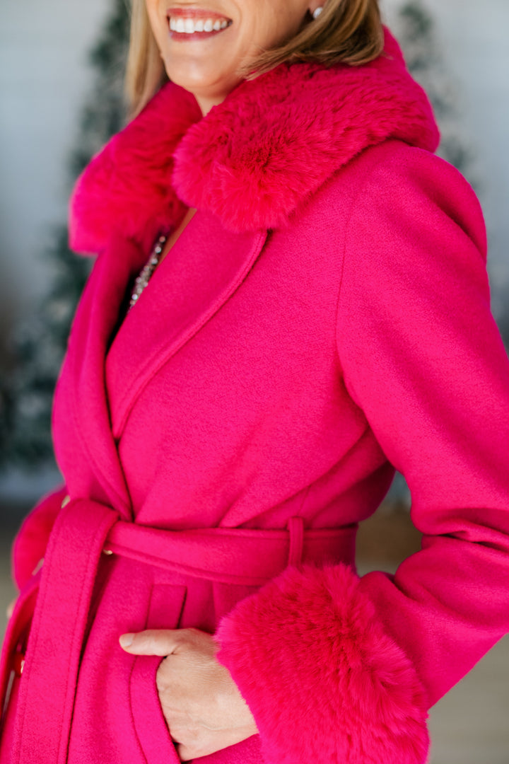ELLE HOT PINK FUR TRIM BELTED COAT