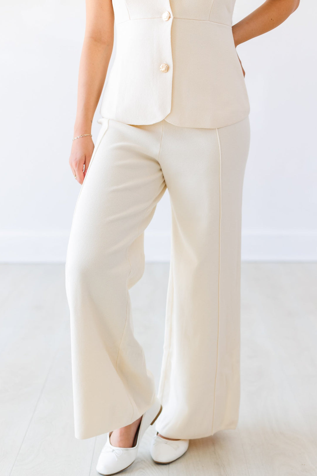 IVORY PEARL KNIT WIDE LEG PANTS