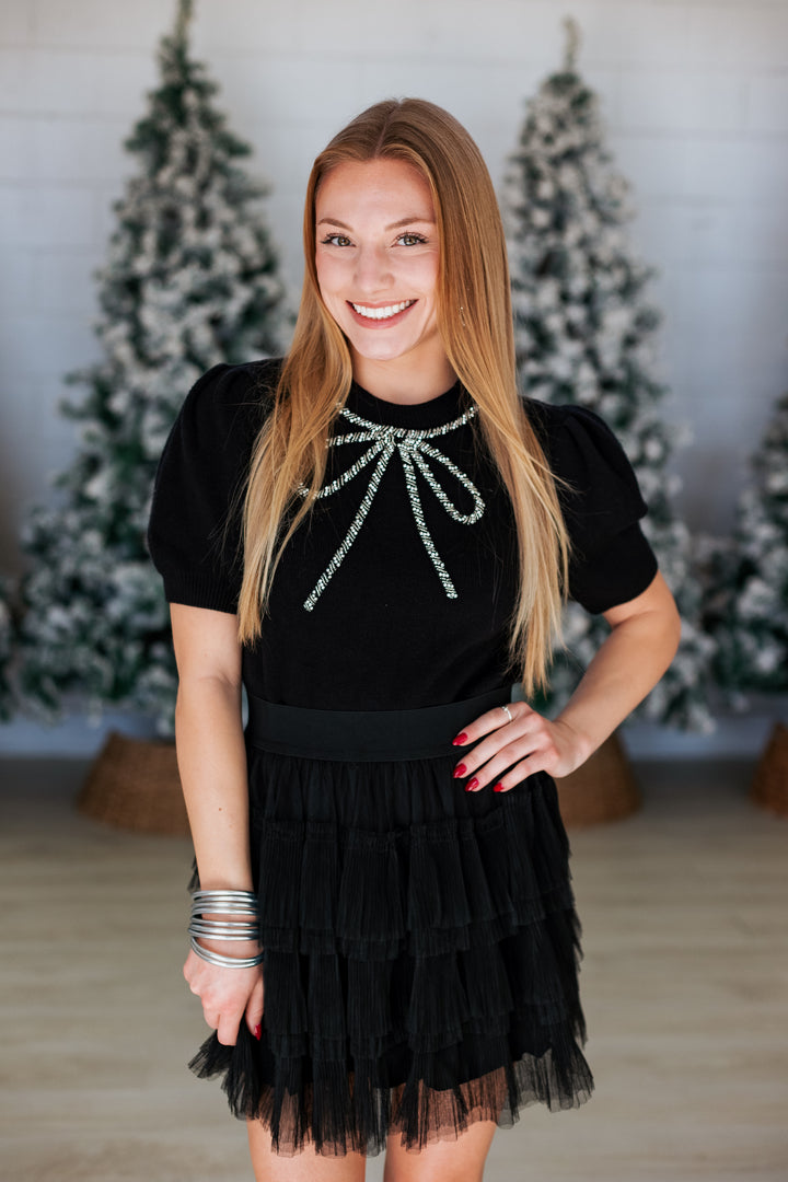 JEWEL EMBELLISHED BOW SWEATER- BLACK