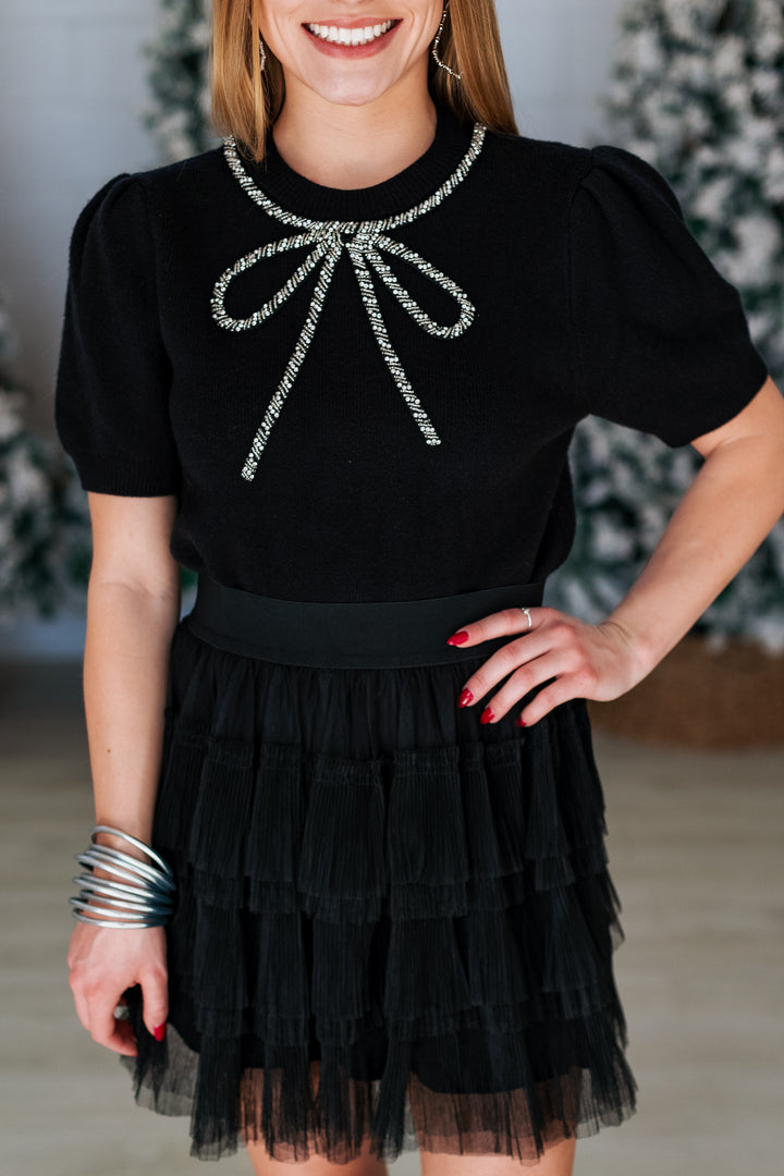 JEWEL EMBELLISHED BOW SWEATER- BLACK