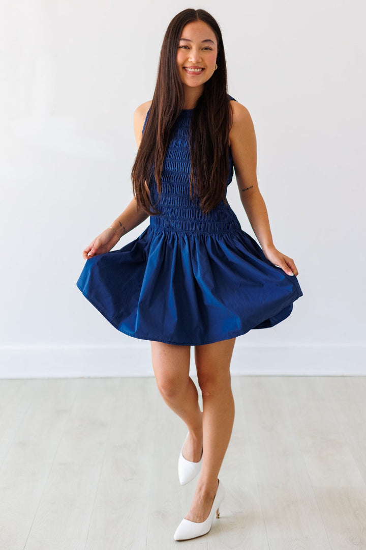 DUSTY NAVY SMOCKED MINI DRESS